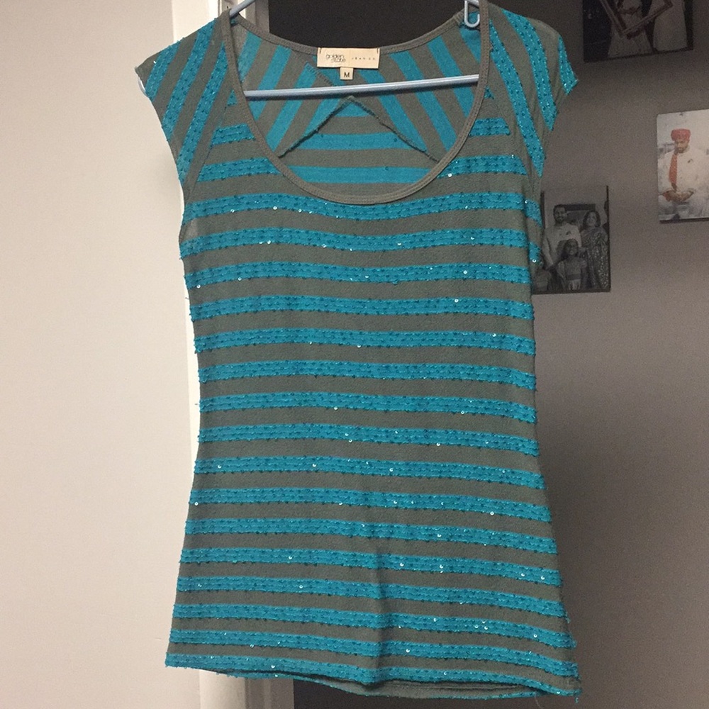 Turquoise grey striped top
